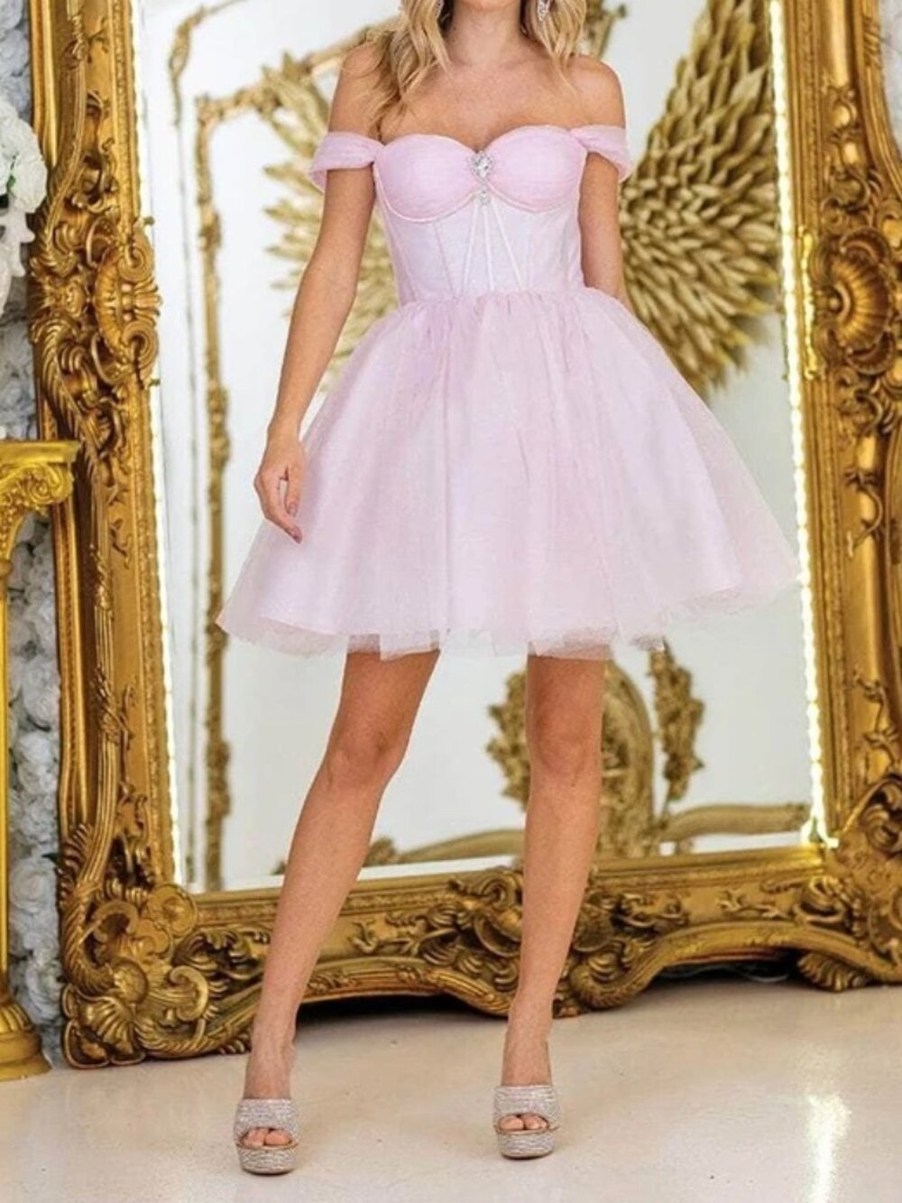 NWT Dancing Queen 3394 Off-Shoulder Cocktail Tulle Homecoming Dress Blush size S